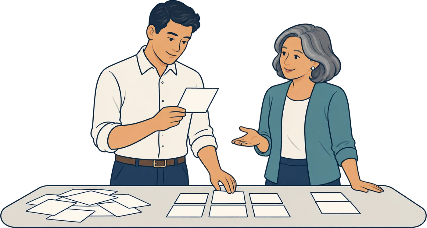 Two colleagues sorting cards of information laid out across a table